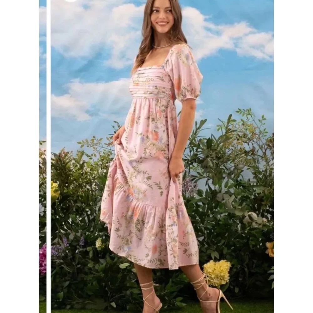 By The River Floral Pink Puff Midi Sleeve Dress